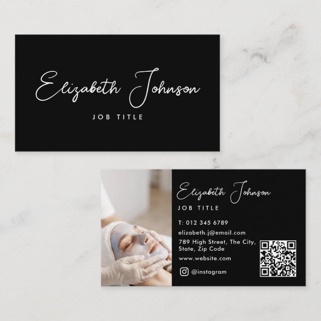 Elegant Script Black And White Photo QR Code Business Card (Front/Back)