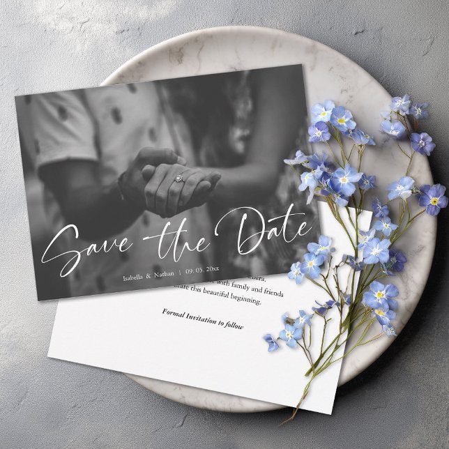 Elegant Script Black and White Photo Wedding Save The Date (Creator Uploaded)