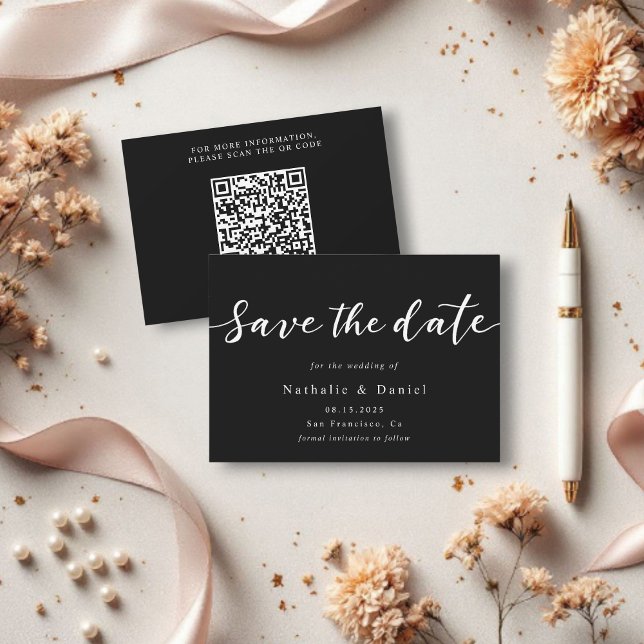 Elegant Script Black and White QR Code Wedding Save The Date (Creator Uploaded)