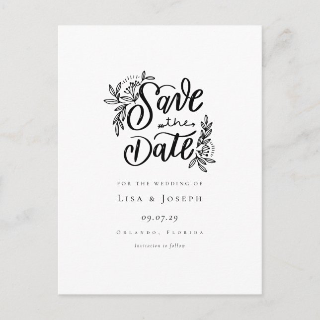 Elegant Script Black and White Save the Date Postcard (Front)