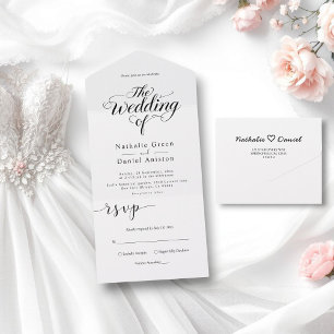 Elegant Script Black and White Simple Wedding All In One Invitation