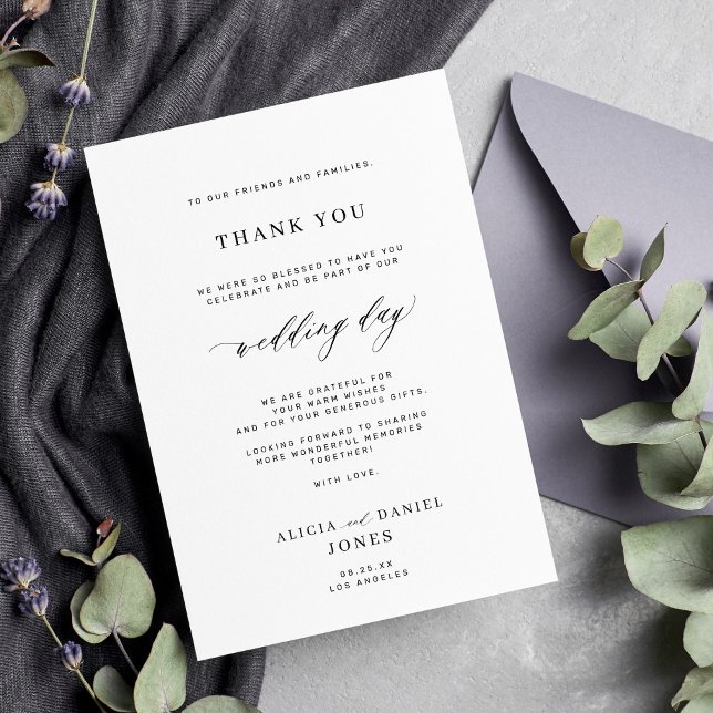 Elegant script black and white simple wedding thank you card (Creator Uploaded)