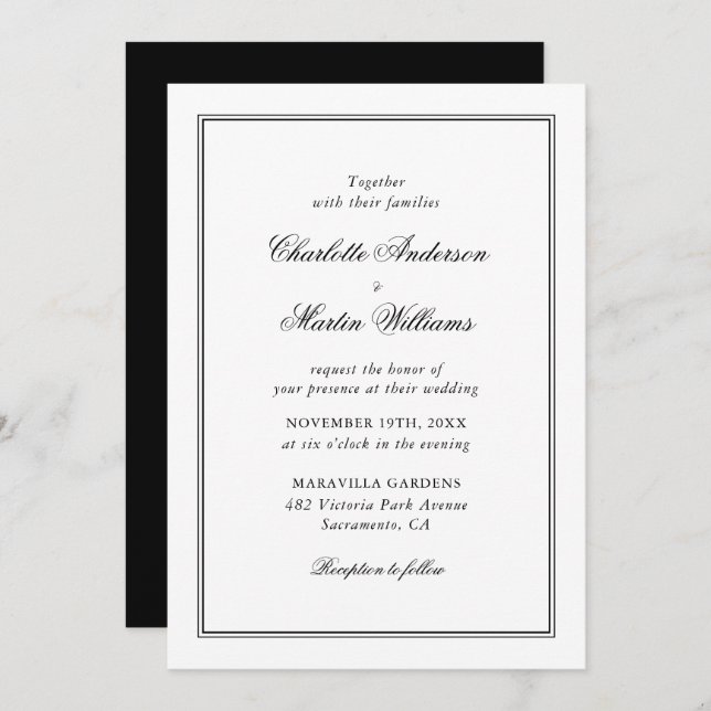 Elegant Script Black and White Wedding Invitation (Front/Back)
