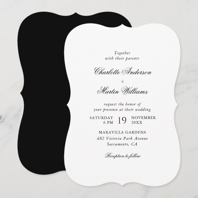 Elegant Script Black and White Wedding Invitation (Front/Back)