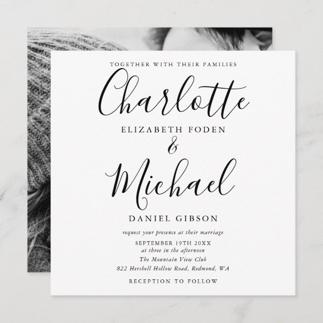 Elegant Script Black And White Wedding Photo Invitation (Front/Back)