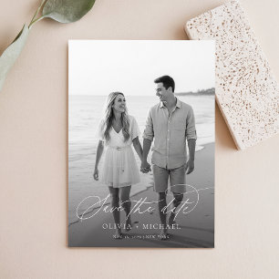 Elegant Script Black and White Wedding Photo Save The Date