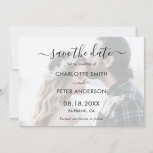 Elegant Script Black and White Wedding Photo Save The Date