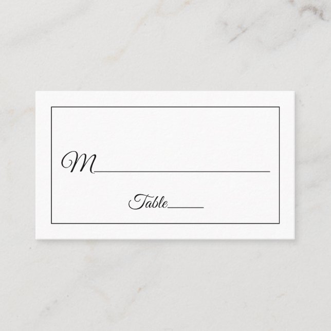 Elegant Script Black and White Wedding Place Card (Front)