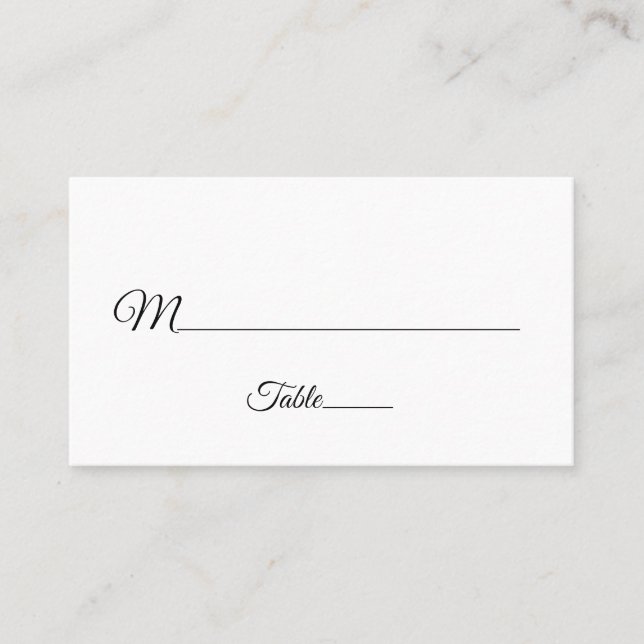 Elegant Script Black and White Wedding Place Card (Front)