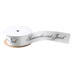 Elegant Script Black and White Wedding  Satin Ribbon
