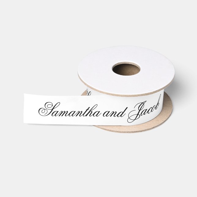 Elegant Script Black and White Wedding  Satin Ribbon (Spool)