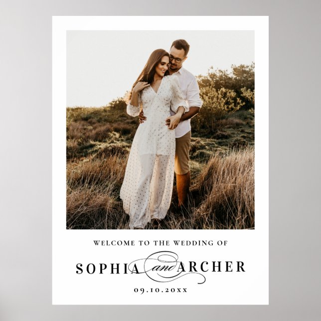 Elegant Script Black and White Wedding Welcome Poster (Front)