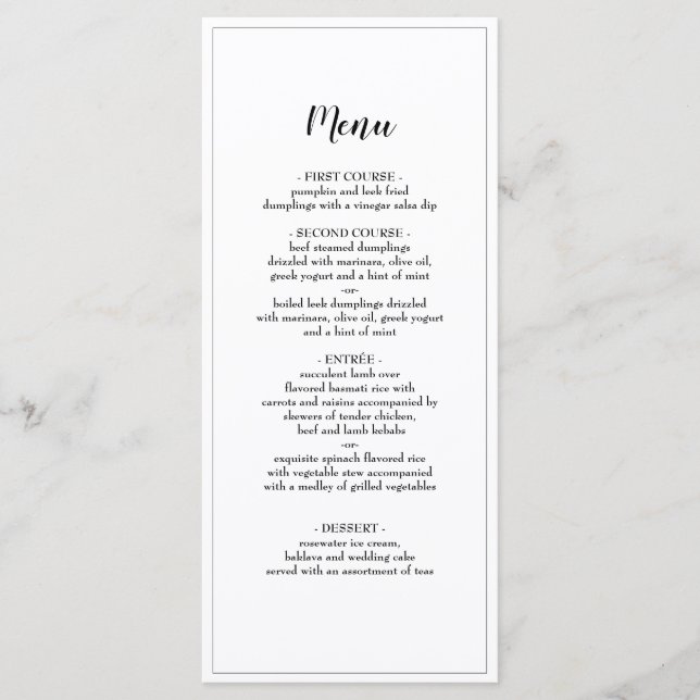Elegant Script Black Bordered Wedding Dinner Menu (Front)