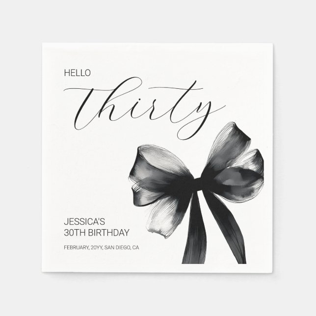 Elegant Script Black Bow 30th Birthday Party Napkin (Front)