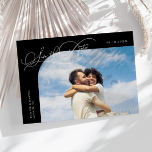 Elegant Script Black Curved Frame Photo Save The Date
