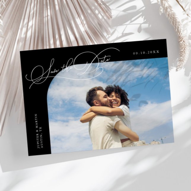 Elegant Script Black Curved Frame Photo Save The Date (Creator Uploaded)