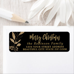 Elegant Script Black Gold Christmas Return Address