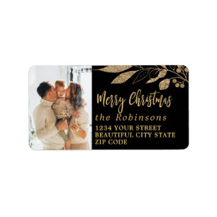 Elegant Script Black Gold Christmas Return Address Label