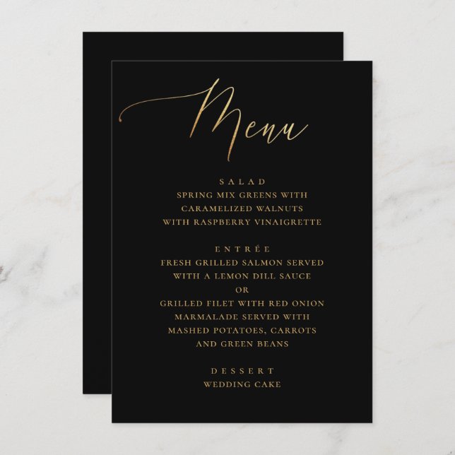 Elegant Script | Black & Gold Classic Wedding Menu (Front/Back)