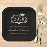 Elegant Script Black Gold Graduation Party Paper Plate<br><div class="desc">Elegant black and gold graduation party paper plates featuring "Class of" in an illustration of laurel wreath incorporating a grad cap and diploma,  the graduate's name in a formal script,  and "Congratulations" and their school name in modern classic typography.</div>