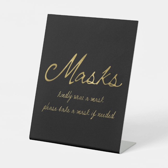 Elegant Script Black Gold Mask Wedding Pedestal Sign (Front)