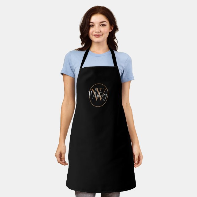 Elegant Script Black Gold Monogram Apron (Worn)