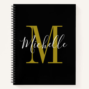 Elegant Script Black Gold Monogram Name Notebook