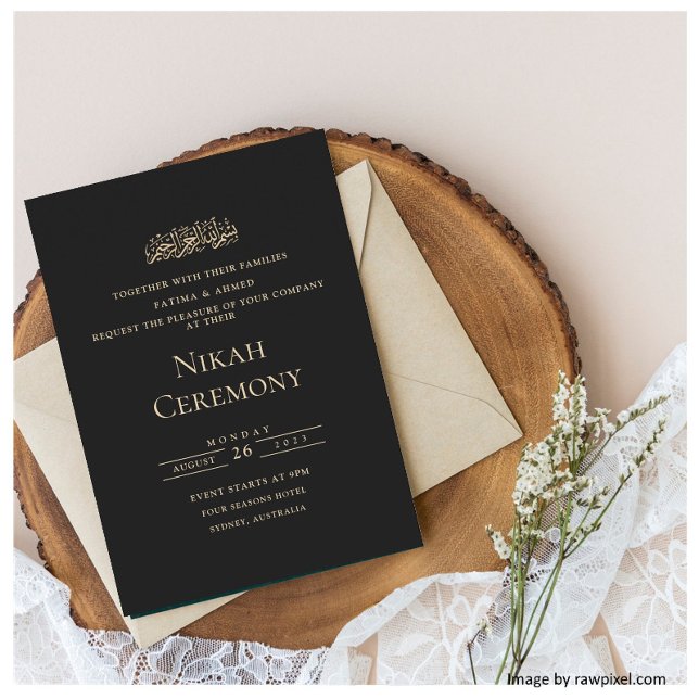 Elegant Script Black Gold Muslim Nikah Ceremony Invitation (Creator Uploaded)