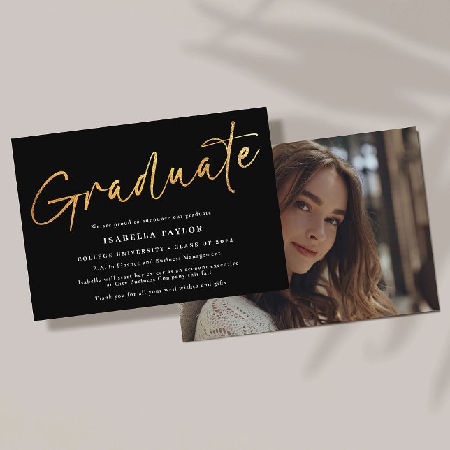 Elegant Script Black Gold Photo Graduation Announcement (Creator Uploaded)
