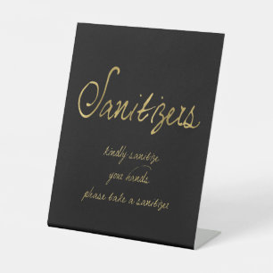 Elegant Script Black Gold Sanitizers Wedding Pedestal Sign