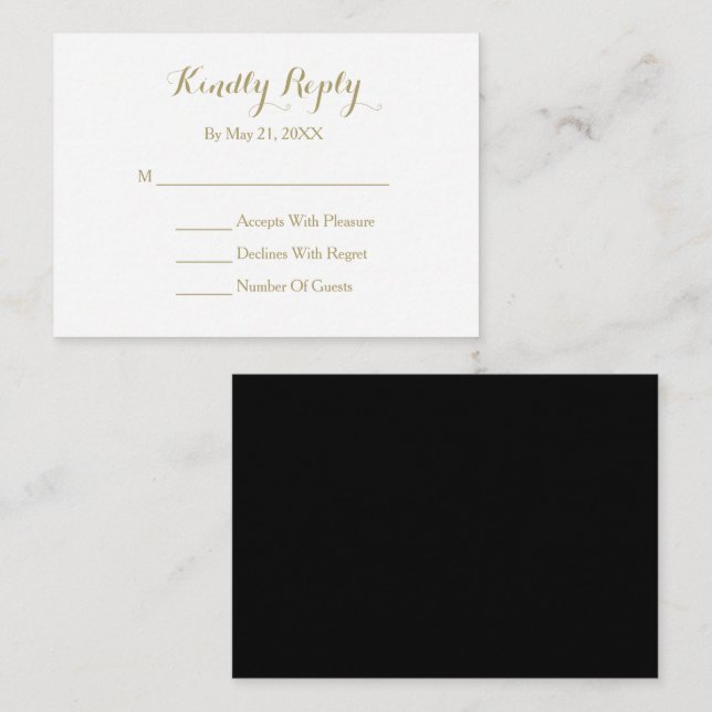 Elegant Script Black Gold White RSVP Card (Front/Back)