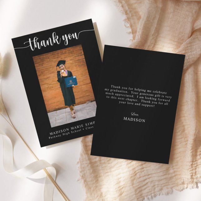Elegant Script Black Graduation Photo Thank You Card (Creator Uploaded)