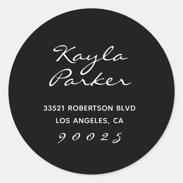 Elegant Script Black Round Address Label (Front)