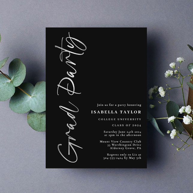 Elegant Script Black Silver Graduation Party (Creator Uploaded)