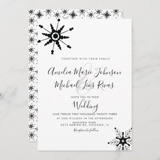 Elegant Script Black Snowflakes Christmas Wedding  Invitation (Front/Back)
