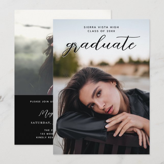 Elegant Script Black Two Photo Graduation Invitation (Front/Back)