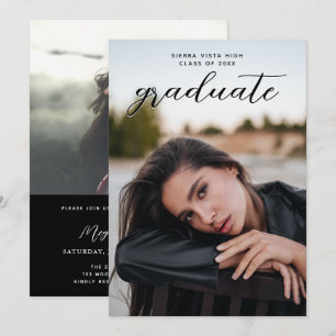 Elegant Script Black Two Photo Graduation Invitation