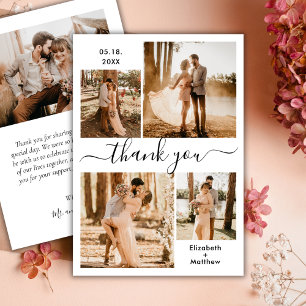 Elegant Script Black White 4 Photo Collage Wedding Thank You Card