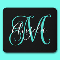 Elegant Script Black White and Turquoise Monogram