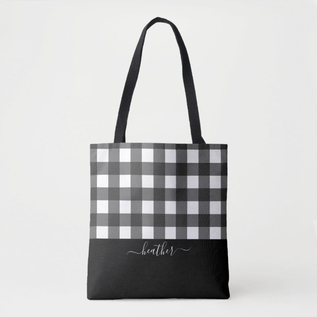 Elegant Script Black White Buffalo Plaid  Tote Bag (Front)