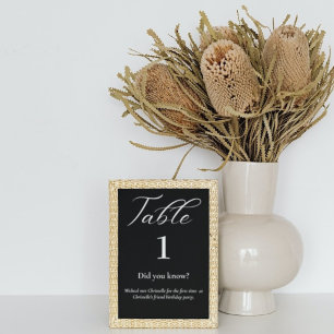 Elegant  script black & white  Fun facts wedding Table Number