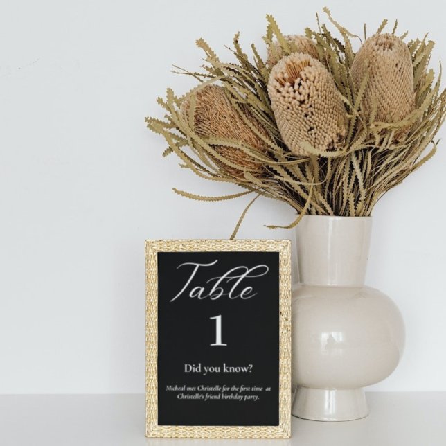 Elegant  script black & white  Fun facts wedding Table Number (Creator Uploaded)