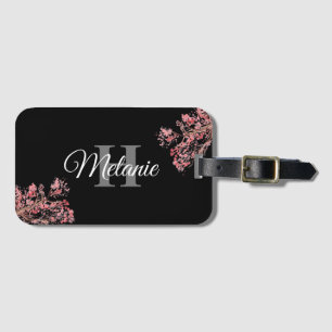 Elegant Script Black White Girly Floral Monogram Luggage Tag
