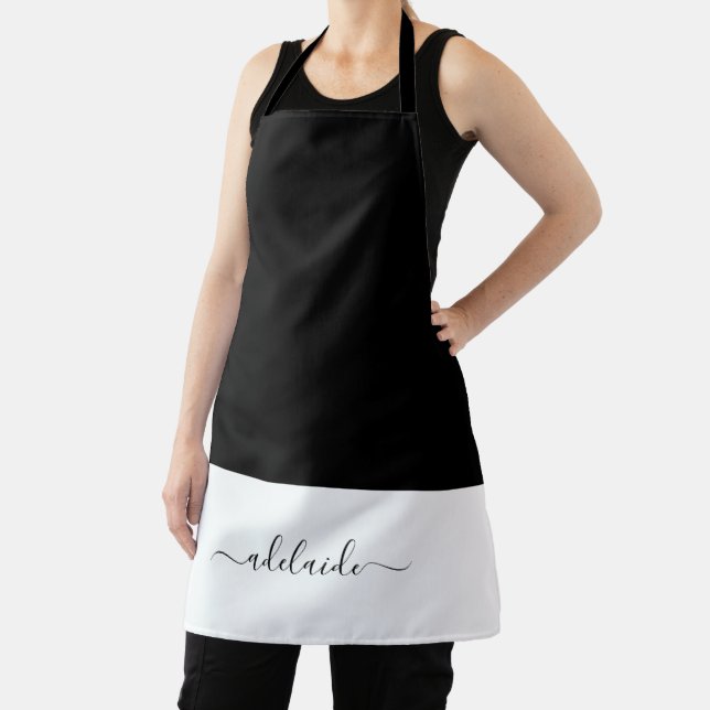 Elegant Script Black White Girly Monogram Kitchen Apron (Insitu)
