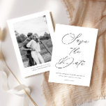 Elegant Script Black White Photo on Back Wedding Save The Date<br><div class="desc">This Save the Date announcement card features an elegant script heading and your custom text,  with a photo on the back.  Use the template to add your information.  The colours and the photo filter (black and white or colour) can be changed using the Design Tool.</div>