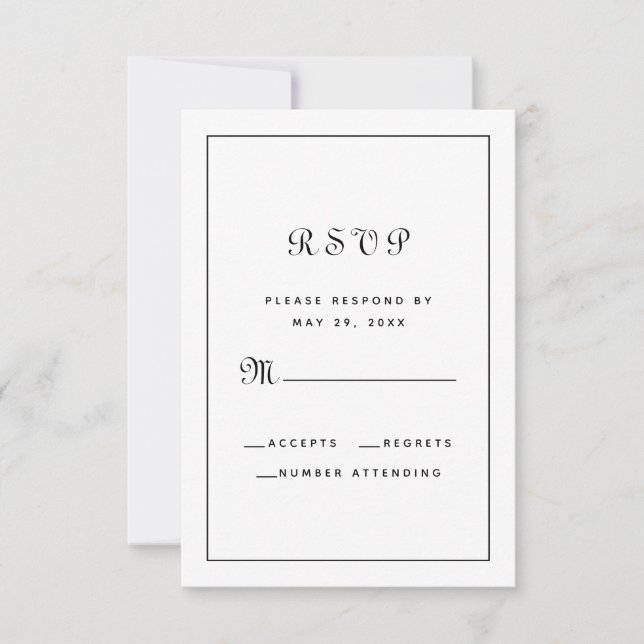 Elegant Script Black & White Wedding Enclosure RSVP Card (Front)