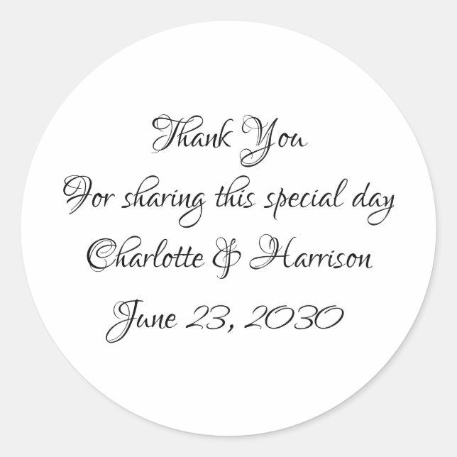 Elegant script black white Wedding gift favour Classic Round Sticker (Front)