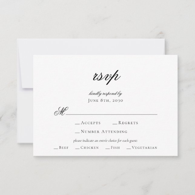 Elegant Script Black White Wedding RSVP Card (Front)