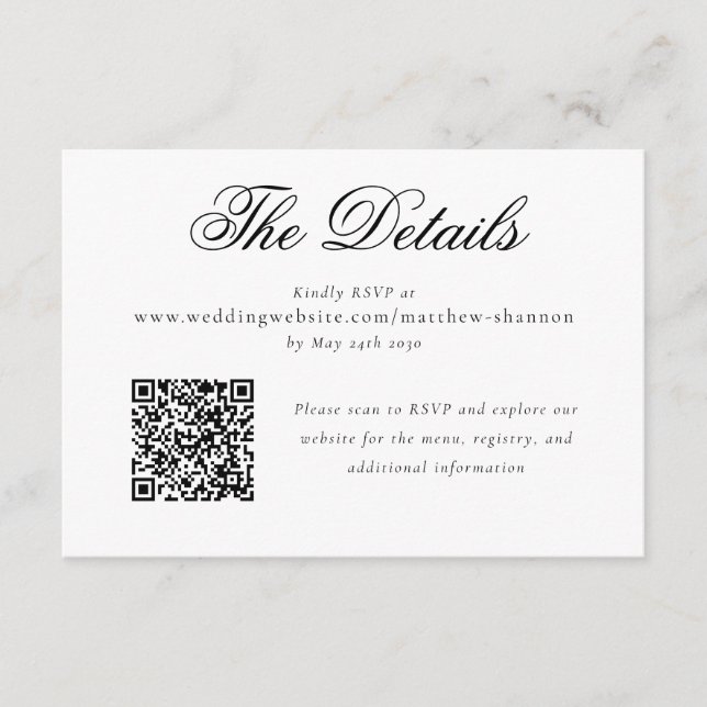Elegant Script Black White Wedding RSVP Details Enclosure Card (Front)