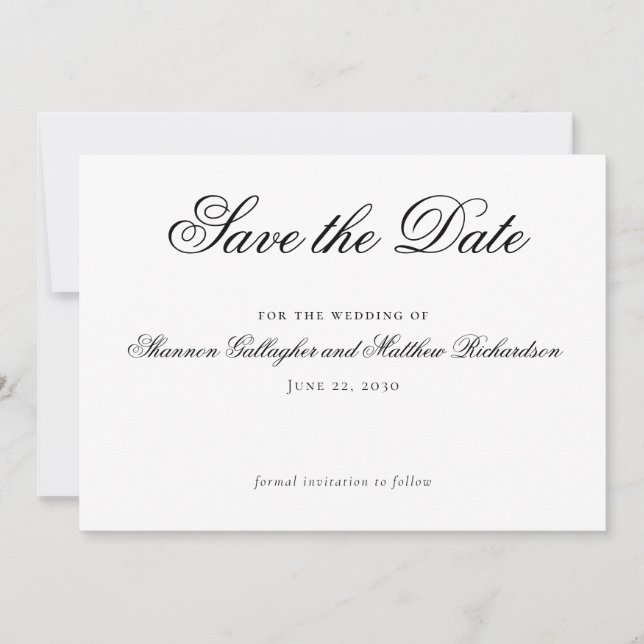 Elegant Script Black White Wedding Save the Date Announcement (Front)